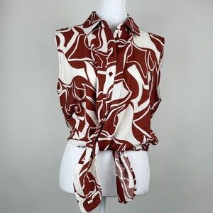 Rachel Zoe Sleeveless Collared Rust & White Print Tie Front Button Down Top S